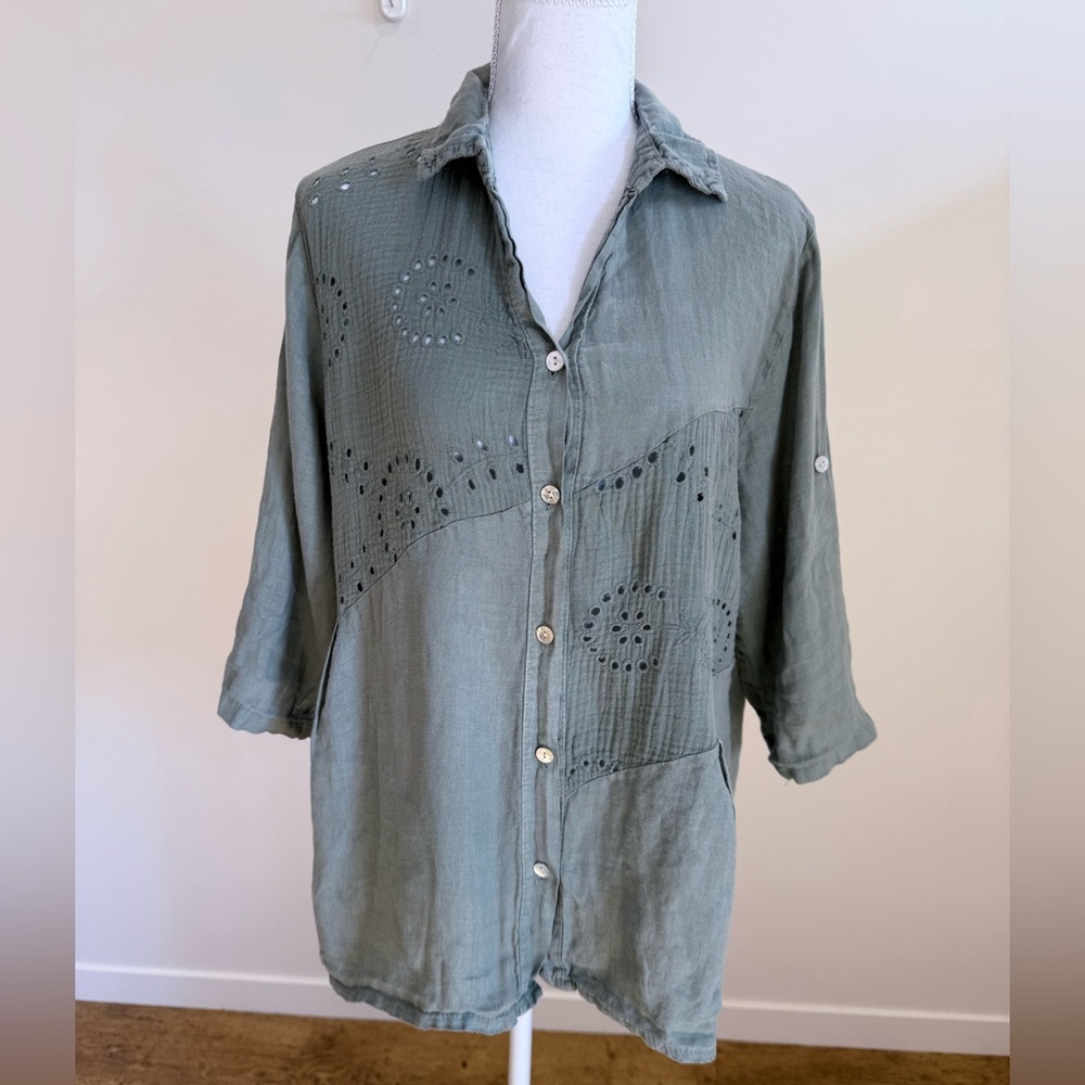 Women's Sage Green Button-Front Eyelet Blouse